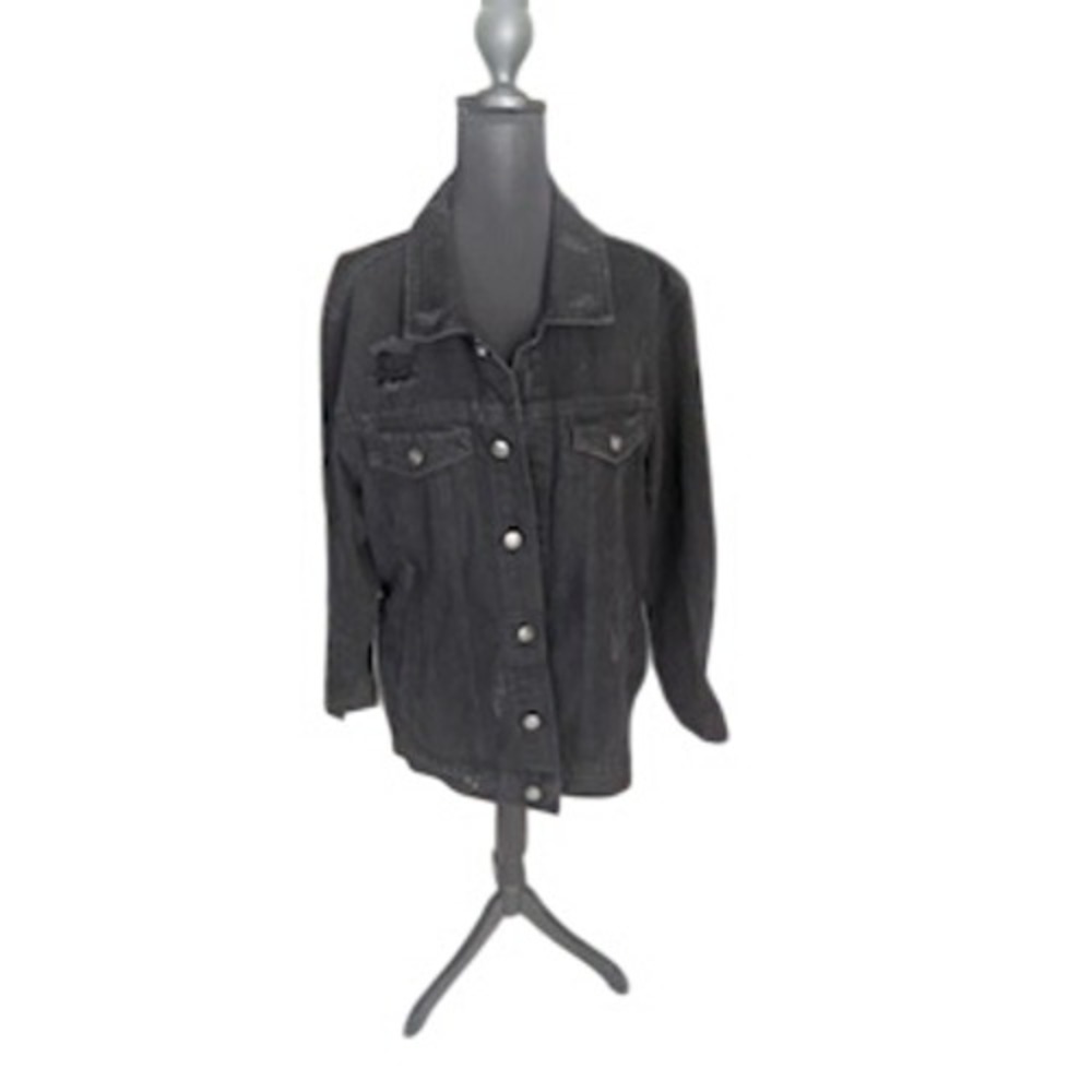 Forever 21 Men Black Distressed Denim Jacket Trucker Style Faded Size Medium